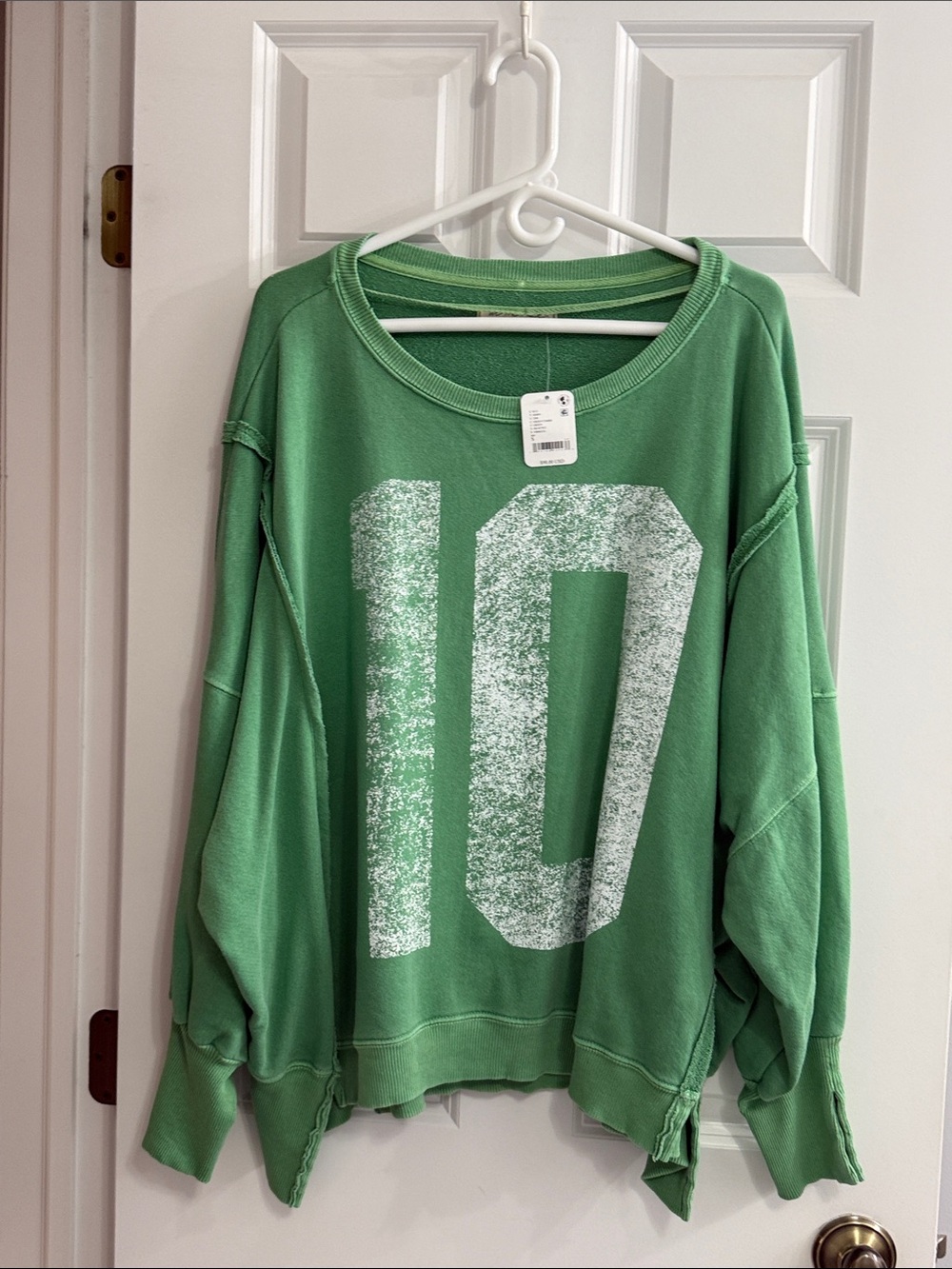 Free People Green Oversized Sweatshirt with White '10' Graphic Camden NWT